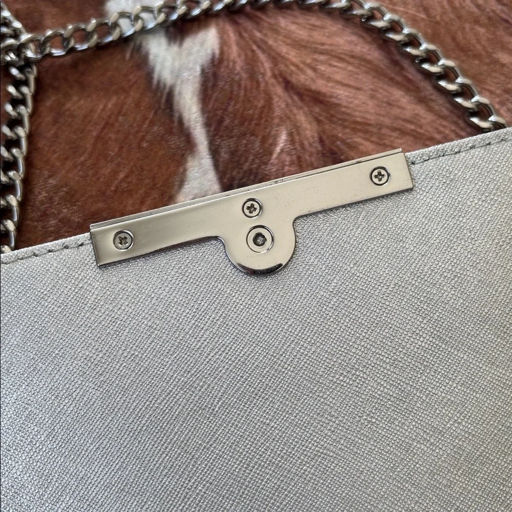 Michael Kors Genuine Leather Lana Wallet Clutch Bag Metallic Silver Crossbody